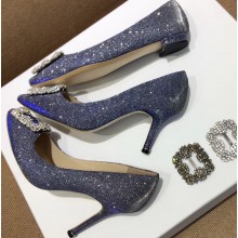 Manolo Blahnik Hangisi Glitter Fabric Jewel Buckle Flats/Pumps Dark Gray
