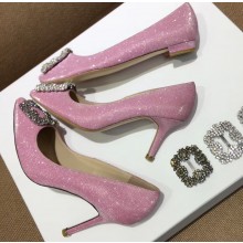 Manolo Blahnik Hangisi Glitter Fabric Jewel Buckle Flats/Pumps Pink