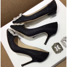 Manolo Blahnik Hangisi Glitter Fabric Jewel Buckle Flats/Pumps Black