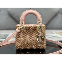 Lady Dior Micro Bag in PINK Calfskin with Embroidered Strass 2024