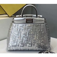 Fendi All-Over FF Motif Prints On Leather Peekaboo Iconic Mini Bag Sequins Silver 2019