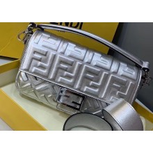 Fendi All-Over FF Motif Leather Medium Baguette Bag Silver 2019 