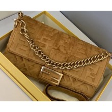 Fendi Velvet Embossed FF Motif Baguette Large Bag Brown 2019