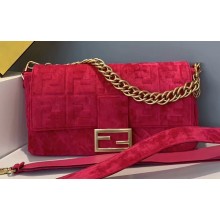 Fendi Velvet Embossed FF Motif Baguette Large Bag Fuchsia 2019