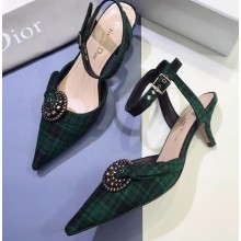 Dior Heel 4cm Gang Slingback Pumps in Tartan Fabric Black/Green 2020