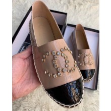 Chanel Crystal Stud CC Logo Patent Calfskin Espadrilles Beige 2020