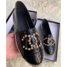 Chanel Crystal Stud CC Logo Patent Calfskin Espadrilles Black 2020