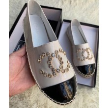 Chanel Crystal Stud CC Logo Patent Calfskin Espadrilles White 2020