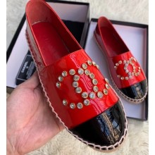 Chanel Crystal Stud CC Logo Patent Calfskin Espadrilles Red 2020