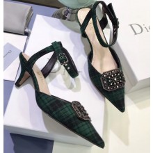Dior Heel 4cm Symbols Gang Slingback Pumps in Tartan Fabric Black/Green 2020