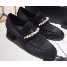 Chanel Heel 4cm Pearl Loafers Satin Black 2020