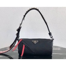 Prada Nylon Shoulder Bag with Studs 1BC100 Black/Red 2020