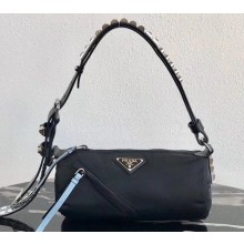 Prada Nylon Shoulder Bag with Studs 1BC100 Black/Blue 2020