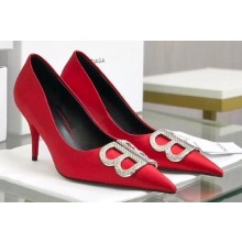 Balenciaga Heel Strassed BB Logo Satin Pumps Red 2020