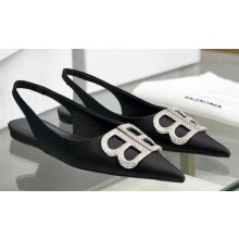 Balenciaga Strassed BB Logo Satin Slingback Flat Ballerinas Black 2020