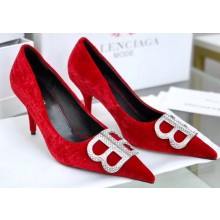 Balenciaga Heel Strassed BB Logo Velvet Pumps Red 2020