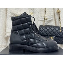 CHANEL leather quilted lace up tie ankle boots black 2023