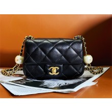 chanel Pearly Lambskin, Imitation Pearls & Gold-Tone Metal MINI Flap Bag BLACK AS4868 2024