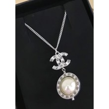 Chanel CC Pearl Pendant Necklace Silver 2018