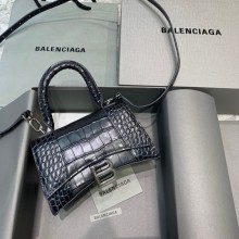 BALENCIAGA Hourglass XS Handbag in black shiny crocodile embossed calfskin 2022