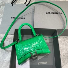 BALENCIAGA Hourglass XS Handbag in green shiny crocodile embossed calfskin with silver hardware 2022