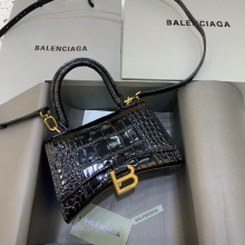 BALENCIAGA Hourglass XS Handbag in black shiny crocodile embossed calfskin with golden hardware 2022