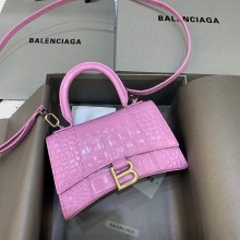 BALENCIAGA Hourglass XS Handbag in rose pink shiny crocodile embossed calfskin 2022