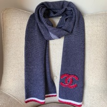 CHANEL LOGO Embroidery CASHMERE SCARF BLUE 2022