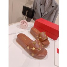 VALENTINO ROMAN STUD FLAT SLIDE SANDAL tan