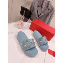 VALENTINO ROMAN STUD FLAT SLIDE SANDAL blue