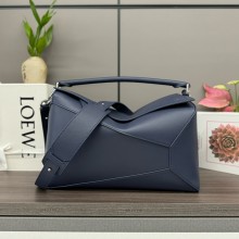 Loewe Large Puzzle Bag in shiny calfskin navy blue