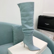 Amina Muaddi Heel 9.5cm Jahleel denim over-the-knee boots light blue 2023
