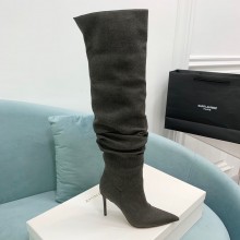 Amina Muaddi Heel 9.5cm Jahleel denim over-the-knee boots DARK GRAY 2023