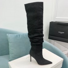 Amina Muaddi Heel 9.5cm Jahleel denim over-the-knee boots BLACK 2023