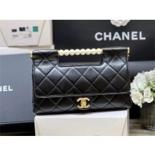 CHANEL BLACK Clutch with PEARLS IN Shiny LAMBSKIN AS5390 2025(original quality)