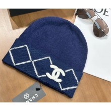 chanel logo knitted Beanie navy blue 2024