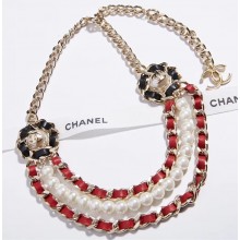Chanel Leather and Pearl Necklace AB0100 Gold/Red/White/Navy Blue 2018