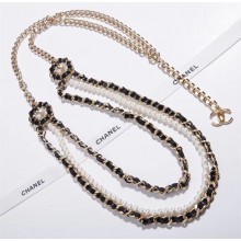 Chanel Leather and Pearl Long Necklace AB0099 Gold/Black/White 2018