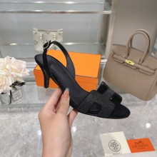 HERMES 7CM Eternite SANDALS IN EPSOM LEATHER black crystals