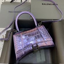 BALENCIAGA Hourglass Small Handbag in metallic purple shiny crocodile embossed calfskin 2022