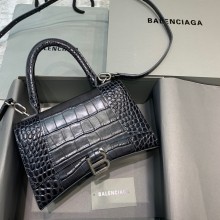 BALENCIAGA Hourglass Small Handbag in black crocodile embossed calfskin with aged silver hardware 2022