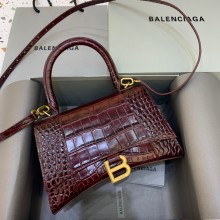 BALENCIAGA Hourglass Small Handbag in dark red shiny crocodile embossed calfskin 2022