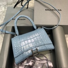 BALENCIAGA Hourglass Small Handbag in Linen Blue shiny crocodile embossed calfskin 2022
