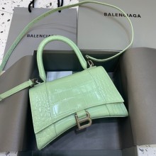 BALENCIAGA Hourglass Small Handbag in light green shiny crocodile embossed calfskin 2022