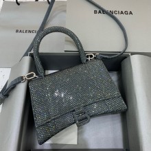 BALENCIAGA Hourglass Small Handbag in dark gray suede calfskin with rhinestones 2022