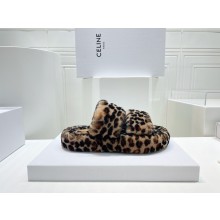 Celine Fur Slides Triomphe Open Slide in SHEARLING leopard
