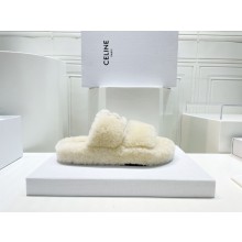 Celine Fur Slides Triomphe Open Slide in SHEARLING white
