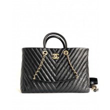 chanel black coco handle shopping chevron Aged calfskin large tote