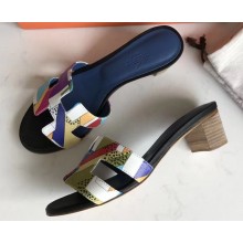 Hermes Heel 5cm Print Oasis Slipper Sandals Black/Blue