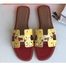 Hermes Print Oran Flat Slipper Sandals Red/Yellow